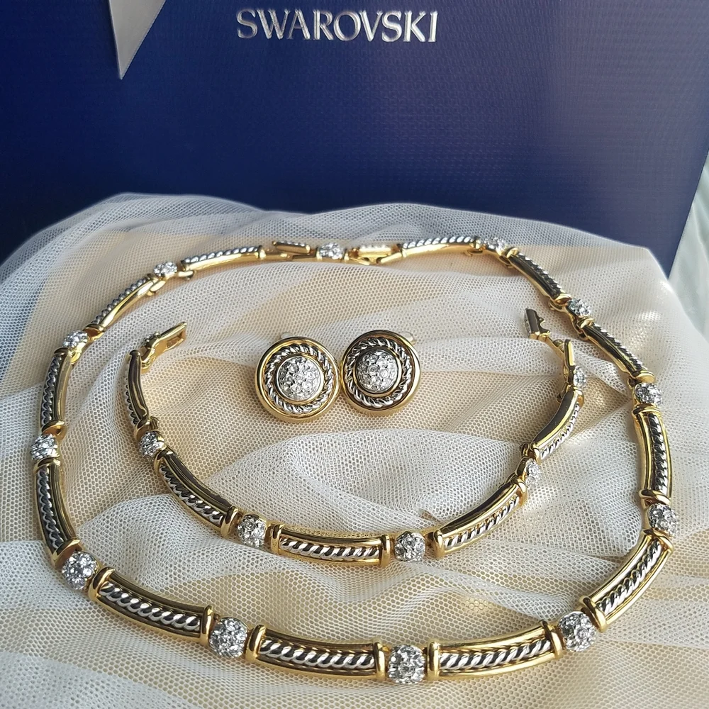 AUTHENTIC Swarovski 18k Gold Plated Tennis Necklace, Bracelet & Earrings SET - Picture 8 of 16